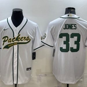 Green Bay Packers #33 Aaron Jones White With Patch Cool Base Stitched Baseball Jersey