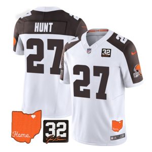 Cleveland Browns #27 Kareem Hunt White Brown 2023 F.U.S.E. With Jim Brown Memorial Patch Vapor Untouchable Limited Stitched Jersey