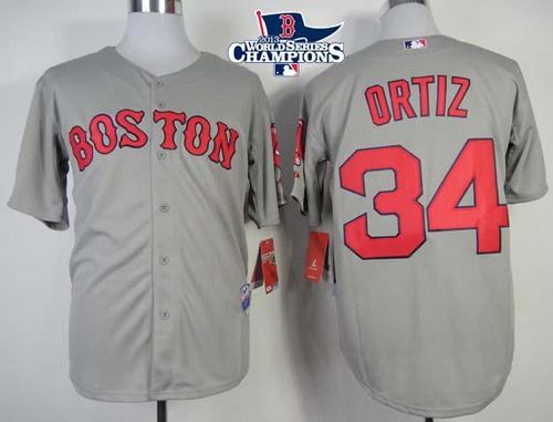 Red Sox #34 David Ortiz Grey Cool Base 2013 World Series Champions Patch Stitched Jersey