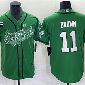 Philadelphia Eagles #11 A. J. Brown Green With C Patch Cool Base Stitched Jersey