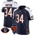 Chicago Bears #34 Walter Payton White Navy F.U.S.E. With Illinois And No. 51 Patch Stitched Jersey
