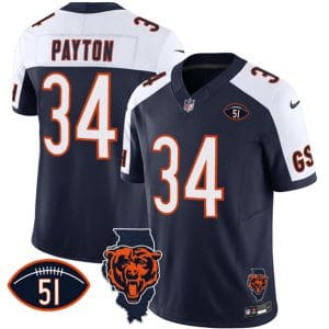 Chicago Bears #34 Walter Payton White Navy F.U.S.E. With Illinois And No. 51 Patch Stitched Jersey