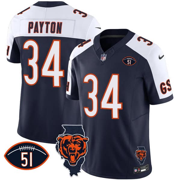 Chicago Bears #34 Walter Payton White Navy F.U.S.E. With Illinois And No. 51 Patch Stitched Jersey