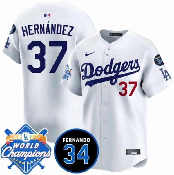 Los Angeles Dodgers #37 Teoscar Hernandez White 2024 World Champions Fernando Memorial Patch Vapor Premier Home Limited Stitched Jersey