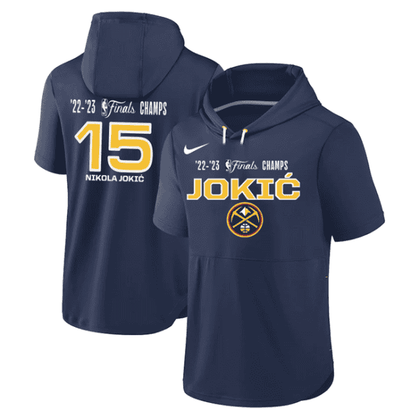 Denver Nuggets #15 Nikola Jokic Navy Performance Short Sleeve Pullover Hoodie