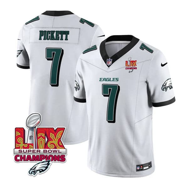 Philadelphia Eagles #7 Kenny Pickett White 2025 Eagles Logo Super Bowl LIX Patch New F.U.S.E. Vapor Limited Stitched Jersey
