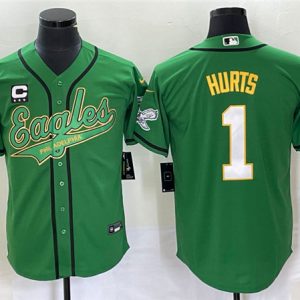 Philadelphia Eagles #1 Jalen Hurts Green With C Patch Cool Base Stitched Jersey