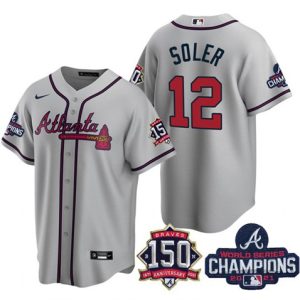 Atlanta Braves #12 Jorge Soler 2021 Gray World Series Champions With 150th Anniversary Patch Cool Base Stitched Jersey