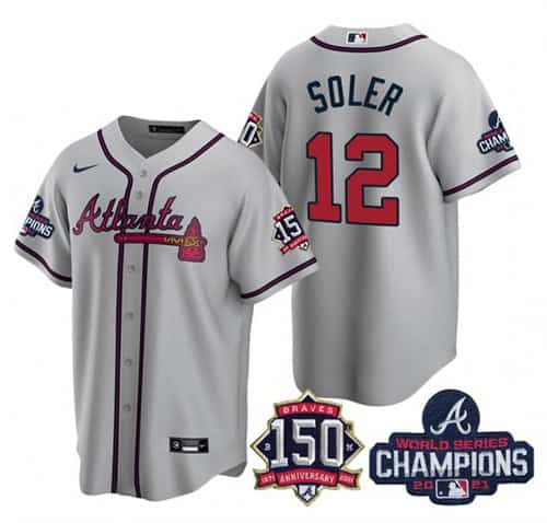 Atlanta Braves #12 Jorge Soler 2021 Gray World Series Champions With 150th Anniversary Patch Cool Base Stitched Jersey
