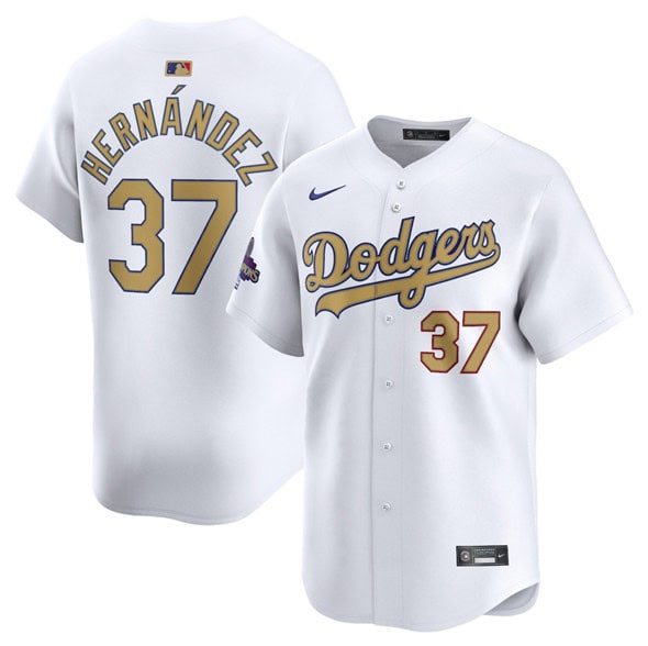 Los Angeles Dodgers #37 Teoscar Hernandez White 2025 Gold Collection Limited Stitched Jersey