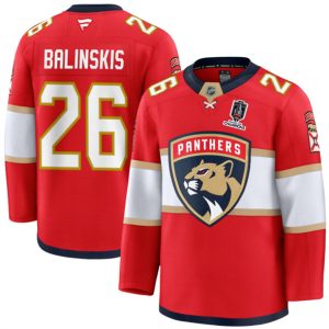 Florida Panthers #26 Uvis Balinskis Red Home 2025 Stanley Cup Champions Patch Stitched Jersey