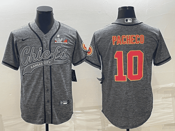 Kansas City Chiefs #10 Isiah Pacheco Grey With Super Bowl LVII Patch Cool Base Stitched Baseball Jersey