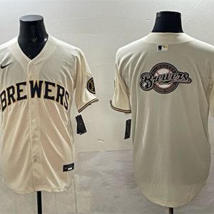 Milwaukee Brewers Team Big Logo Cream Home Limited Stitched Jersey