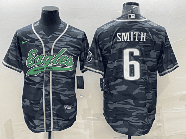 Philadelphia Eagles #6 DeVonta Smith Grey Camo With Patch Cool Base Stitched Baseball Jersey