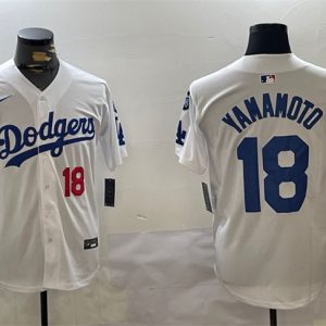 Los Angeles Dodgers #18 Yoshinobu Yamamoto White 2024 World Series With Fernando Memorial Patch Home Limited Stitched Jersey