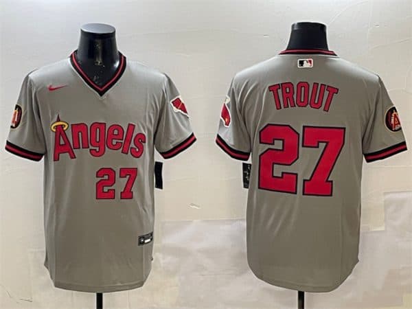 Los Angeles Angels #27 Mike Trout Gray With Patch Stitched Jersey