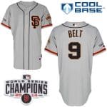 Giants #9 Brandon Belt Grey Road 2 Cool Base W 2014 World Series Champions Patch Stitched Jersey