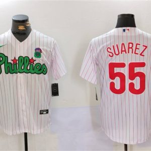 Philadelphia Phillies #55 Ranger Su¨¢rez White Green Cool Base Stitched Jersey