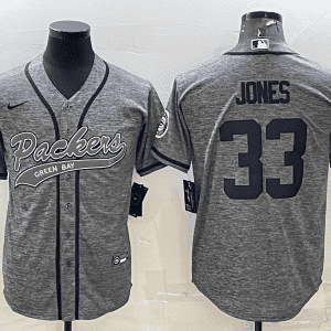 Green Bay Packers #33 Aaron Jones Grey With Patch Cool Base Stitched Baseball Jersey