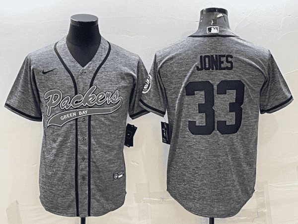 Green Bay Packers #33 Aaron Jones Grey With Patch Cool Base Stitched Baseball Jersey