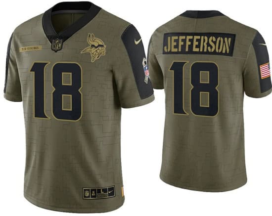 Minnesota Vikings #18 Justin Jefferson 2021 Olive Salute To Service Limited Stitched Jersey