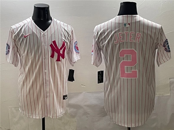 New York Yankees #2 Derek Jeter Pink With Patch Limited Stitched Jersey