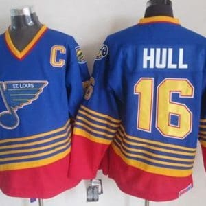 Blues #16 Brett Hull Light Blue Red CCM Throwback Stitched Jersey