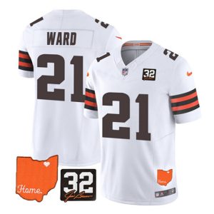 Cleveland Browns #21 Denzel Ward White 2023 F.U.S.E. With Jim Brown Memorial Patch Vapor Untouchable Limited Stitched Jersey