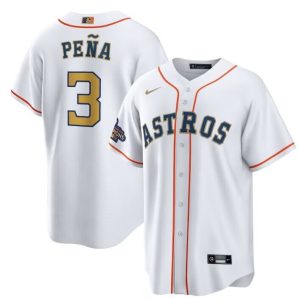 Houston Astros #3 Jeremy PeNa White 2023 Gold Collection With World Serise Champions Patch Cool Base Stitched Jersey