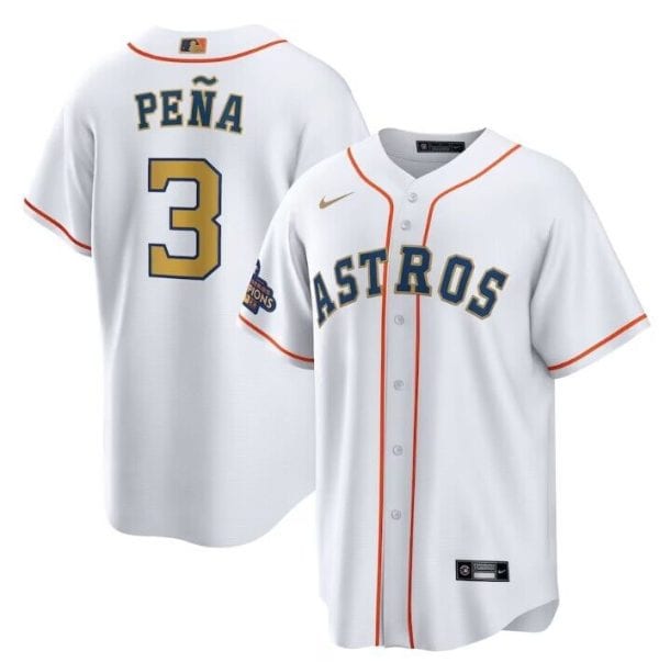 Houston Astros #3 Jeremy PeNa White 2023 Gold Collection With World Serise Champions Patch Cool Base Stitched Jersey