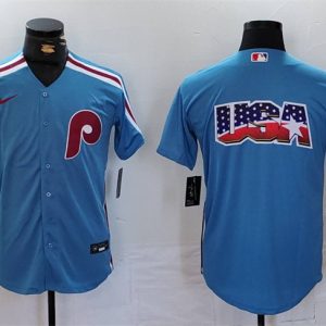 Philadelphia Phillies Team Big Logo Blue Cool Base Stitched Jersey