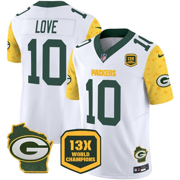 Green Bay Packers #10 Jordan Love White 2024 F.U.S.E. 13 Time World Champions And Home Patch Vapor Untouchable Limited Stitched Jersey