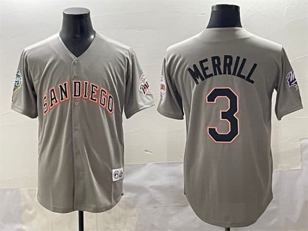 San Diego Padres #3 Jackson Merrill Gray Fashion Throwback With Patch Cool Base Stitched Jersey