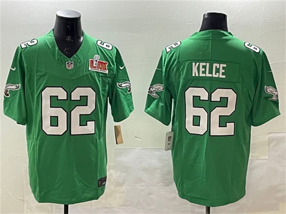 Philadelphia Eagles #62 Jason Kelce Green 2025 Super Bowl LIX Patch F.U.S.E. Throwback Vapor Untouchable Limited Stitched Jersey
