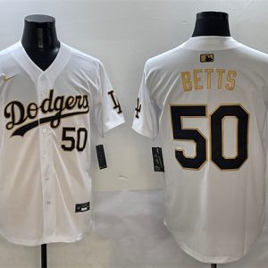 Los Angeles Dodgers #50 Mookie Betts White Gold Limited Stitched Jersey