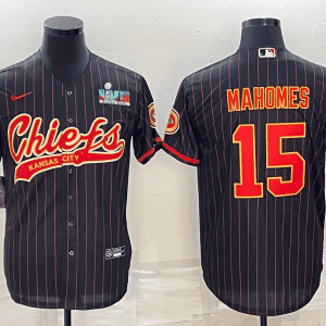 Kansas City Chiefs #15 Patrick Mahomes Black With Super Bowl LVII Patch Cool Base Stitched Baseball Jersey