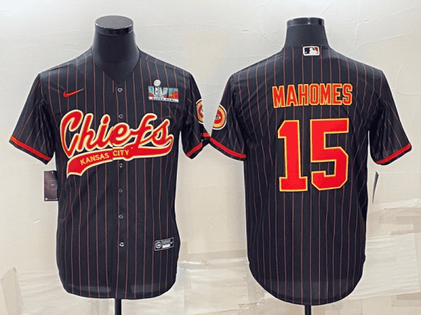 Kansas City Chiefs #15 Patrick Mahomes Black With Super Bowl LVII Patch Cool Base Stitched Baseball Jersey