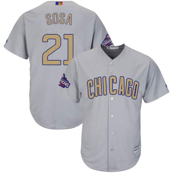 Chicago Cubs #21 Sammy Sosa World Series Champions Gold Program Cool Base Stitched Jersey