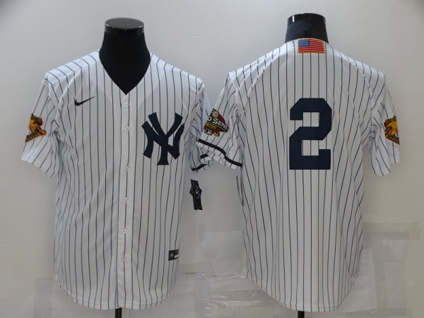 New York Yankees #2 Derek Jeter White Strip World Series Cool Base Stitched Baseball Jersey