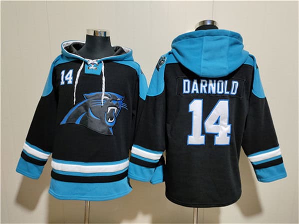 Carolina Panthers #14 Sam Darnold Black Ageless Must-Have Lace-Up Pullover Hoodie