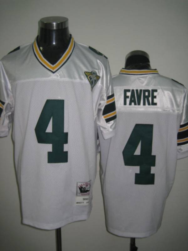 Mitchell Ness Packers #4 Brett Favre White With 75th Patch Stitched Throwback Jersey