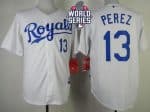 Royals #13 Salvador Perez White Cool Base W 2015 World Series Patch Stitched Jersey