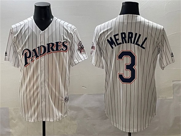 San Diego Padres #3 Jackson Merrill White Throwback With Patch Cool Base Stitched Jersey