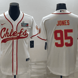 Kansas City Chiefs #95 Chris Jones White With Super Bowl LVII Patch Cool Base Stitched Baseball Jersey