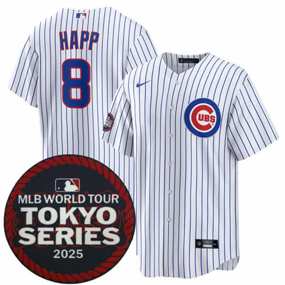 Chicago Cubs #8 Ian Happ White 2025 World Tour: Tokyo Series Home Stitched Jersey