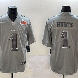 Philadelphia Eagles #1 Jalen Hurts Grey 2025 Super Bowl LIX Patch Atmosphere Fashion Vapor Untouchable Limited Stitched Jersey