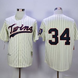Mitchell And Ness Twins #34 Kirby Puckett Cream Strip Throwback Stitched Jersey