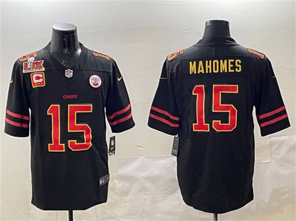 Kansas City Chiefs #15 Patrick Mahomes Black Gold 2025 Super Bowl LIX Patch And 4-Star C Patch Vapor Limited Stitched Jersey