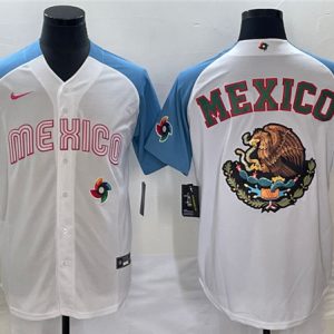 Mexico 2023 White Blue Team Big Logo World Classic Stitched Jersey