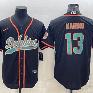 Miami Dolphins #13 Dan Marino Black With Patch Cool Base Stitched Baseball Jersey